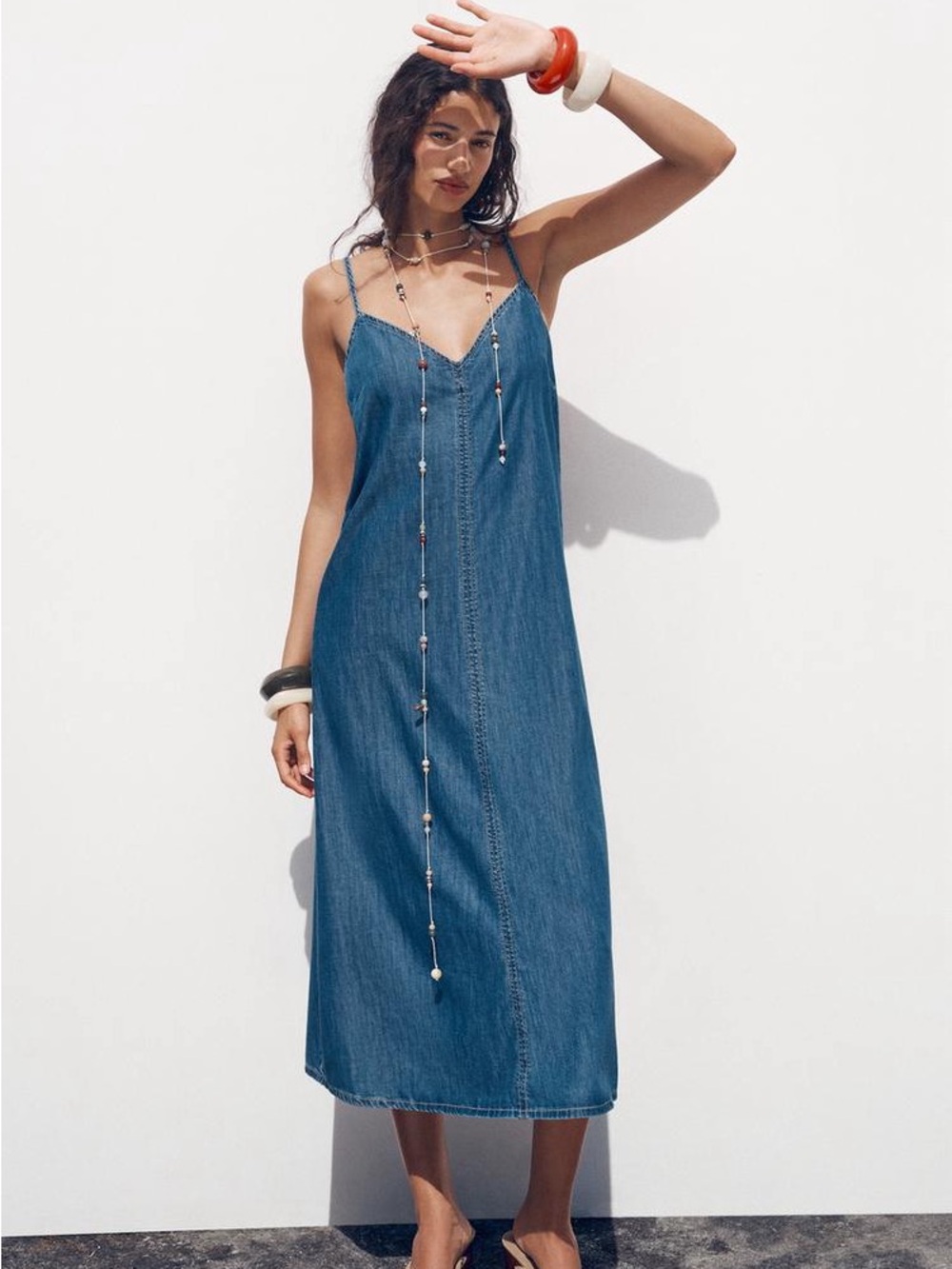 Zara Denim Slip Midi Dress in Blue